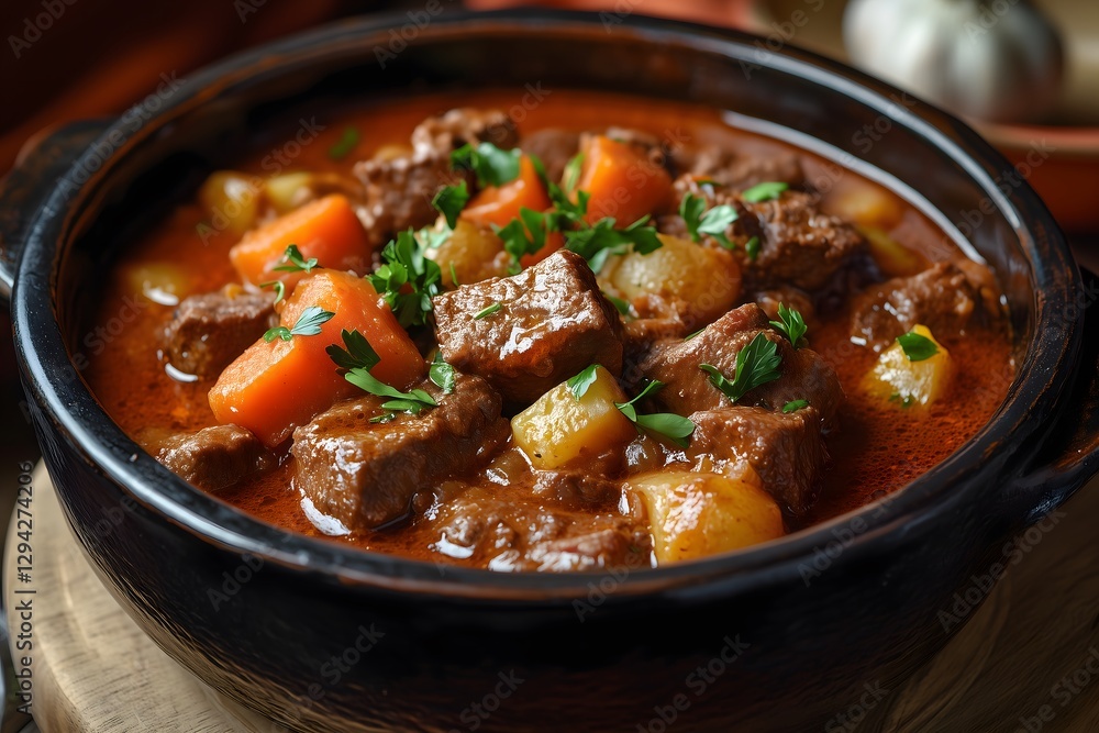 Close-up of a traditional goulash served in a cast iron pot Close-up of a traditional goulash served in a cast iron pot