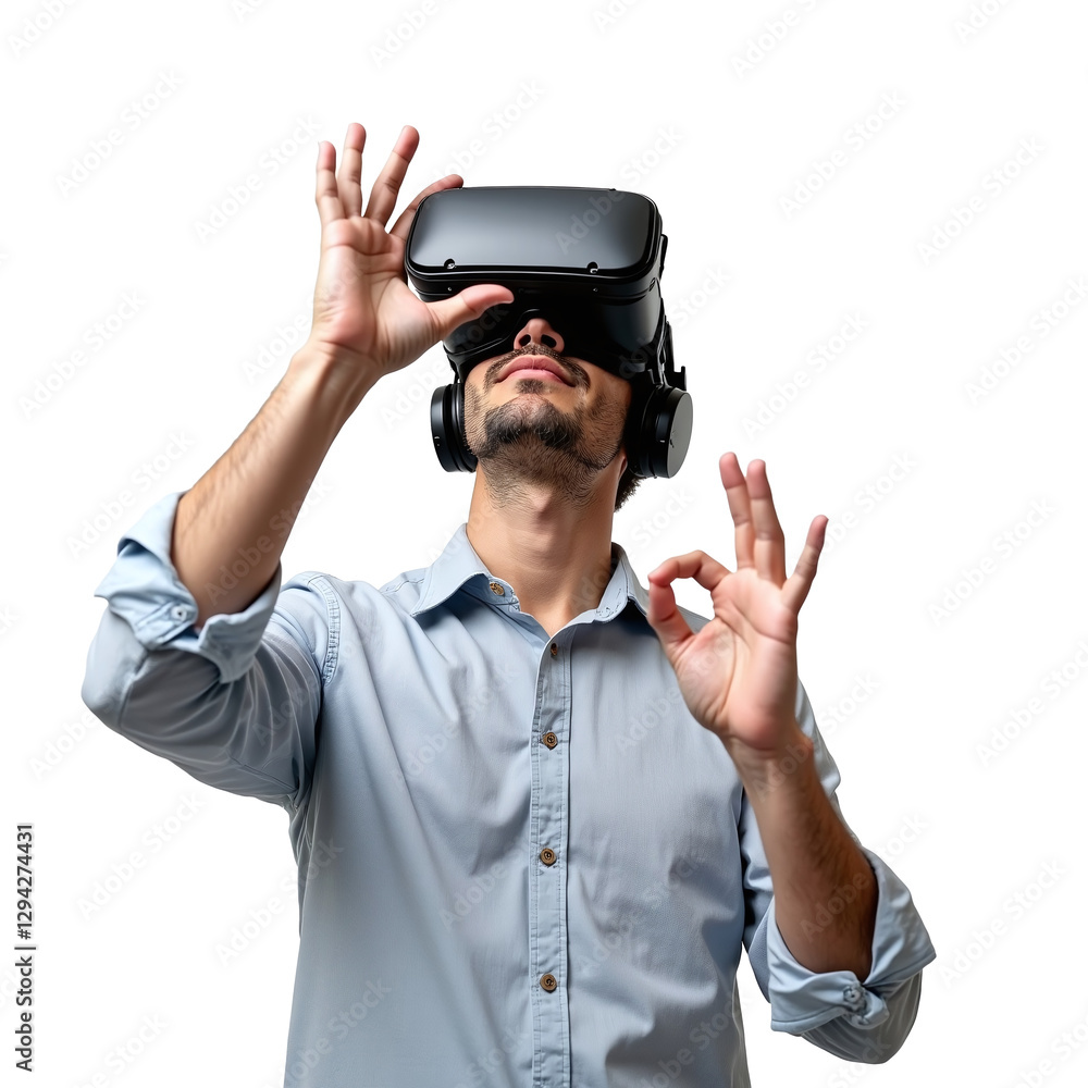 Man Wearing a VR Headset and Experiencing Virtual Reality Technology Man Wearing a VR Headset and Experiencing Virtual Reality Technology