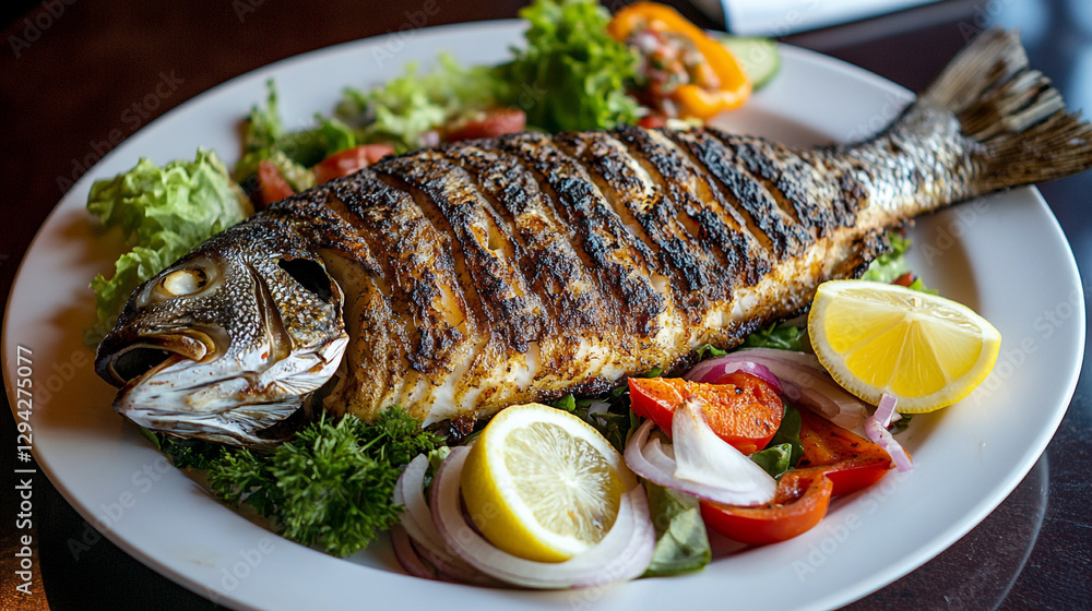 Delicious grilled fish dinner with lemon and salad garnish food meal cook chef plate tasty fresh Delicious grilled fish dinner with lemon and salad garnish food meal cook chef plate tasty fresh