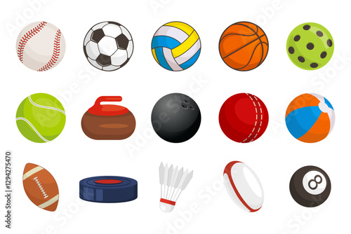 Set of collection round and oval balls for different sports and recreational activities vector flat illustration