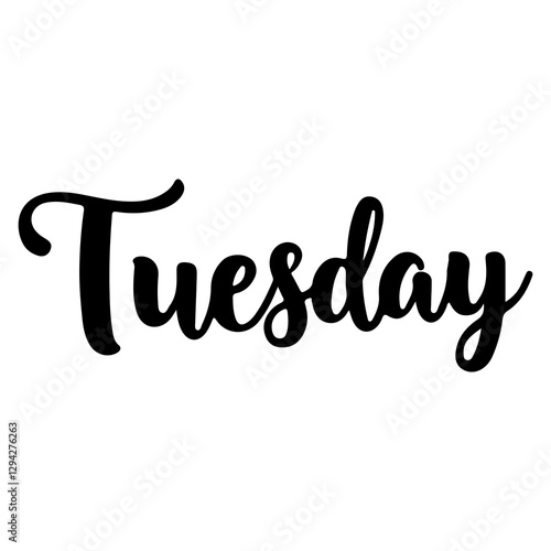 Black, hand-lettered "Tuesday" in a script font, isolated on a white background. Vector graphic