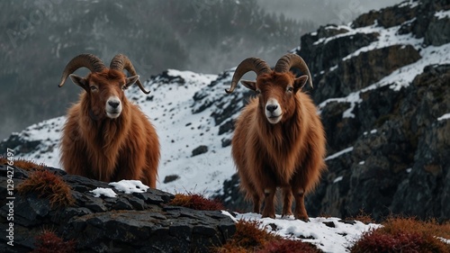 Two majestic rams on rocky terrain, snowy landscape, with misty mountains in the background