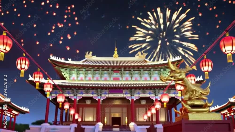 3d animated chinese temple with red lanterns, golden dragons, and fireworks 3d animated chinese temple with red lanterns, golden dragons, and fireworks