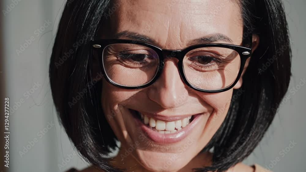 Smiling woman with glasses enjoying a moment of joy indoors Smiling woman with glasses enjoying a moment of joy indoors