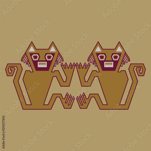 Symmetrical ethnic design with two stylized cats. Native American animal motif from ancient Peru. Nazca culture.