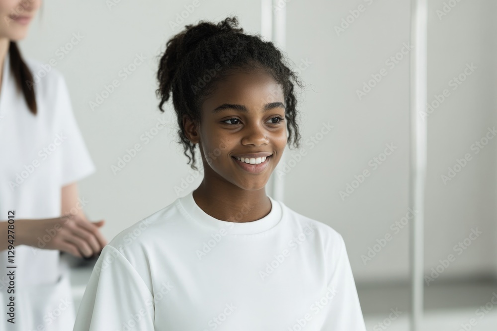 Smiling young woman in bright room, showcasing confidence and po Smiling young woman in bright room, showcasing confidence and po
