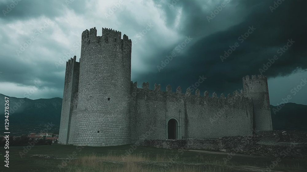 Medieval castle standing tall against a stormy and dramatic sky Medieval castle standing tall against a stormy and dramatic sky