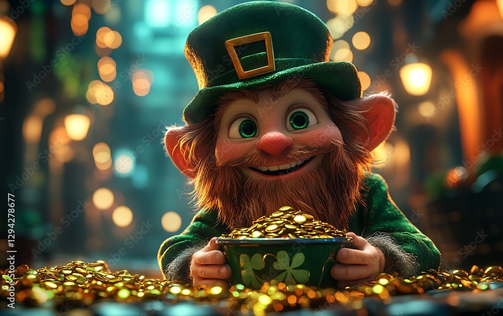 Leprechaun in Green Holding Pot of Gold in Magical Softly Lit Street Scene Leprechaun in Green Holding Pot of Gold in Magical Softly Lit Street Scene