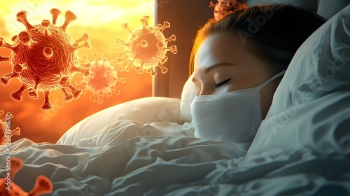 A masked woman rests peacefully against a pile of pillows as golden sunset light shines through the window illuminating the influenza virus particles floating in the warm air around her