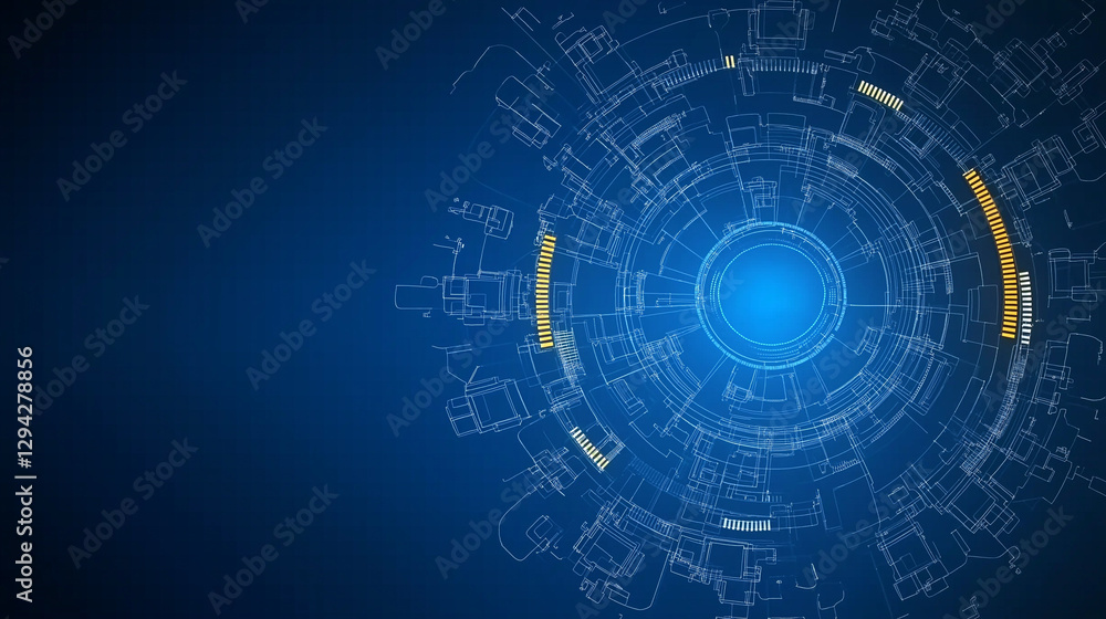 Digital Blueprint: A futuristic design of interconnected circular elements on a radiant blue background. A visual representation of technology. Digital Blueprint: A futuristic design of interconnected circular elements on a radiant blue background. A visual representation of technology.