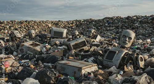 Robot Graveyard Landfill FX92 - Discarded robots in a landfill, symbolizing technological obsolescence, environmental waste, artificial intelligence decline, societal change