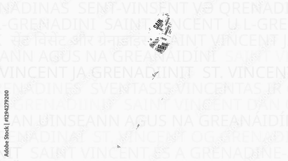 Saint Vincent and the Grenadines intro animation. Country with regions illustration video. Background with country names in various languages. Regions of Saint Vincent and the Grenadines animation.