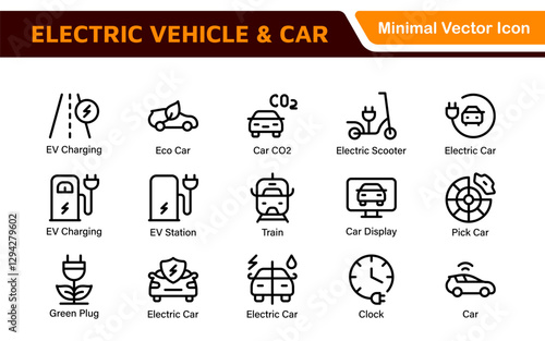 Electric Vehicle and Car Icon Set. A modern collection of icons showcasing electric transportation, perfect for enhancing automotive apps, websites, and sustainability initiatives.