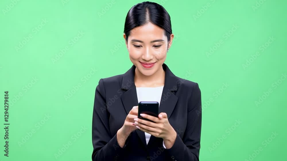 Modern Professional: a young Asian businesswoman uses a smartphone, interacting with technology, and displays a happy expression, perfect for modern business and communication themes. Modern Professional: a young Asian businesswoman uses a smartphone, interacting with technology, and displays a happy expression, perfect for modern business and communication themes.
