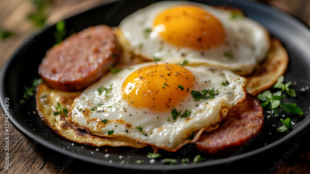 Two eggs with parsley on top of a black plate