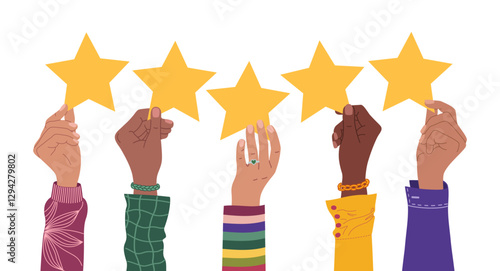 Group of multiracial hands holding a five stars rating. Concept of customers review and positive feedback. Hand drawn vector illustration isolated on white background, flat cartoon style.