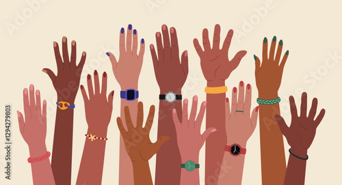 Group of multiracial hands raised up. Cultural diversity, racial equality. Hand drawn vector vector illustration isolated on light background. Modern flat cartoon style.