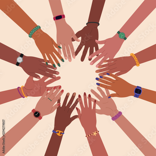 Group of multiracial hands on top of each other in a circle. Diverse people and cultures, racial equality. Hand drawn vector vector illustration isolated on light background, flat cartoon style.