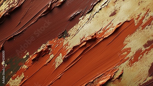 Organic olive and rust-colored paint spots transitioning into random streaks of terracotta and antique gold brush strokes