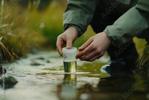 Person collecting water sample from a stream for environmental testing.