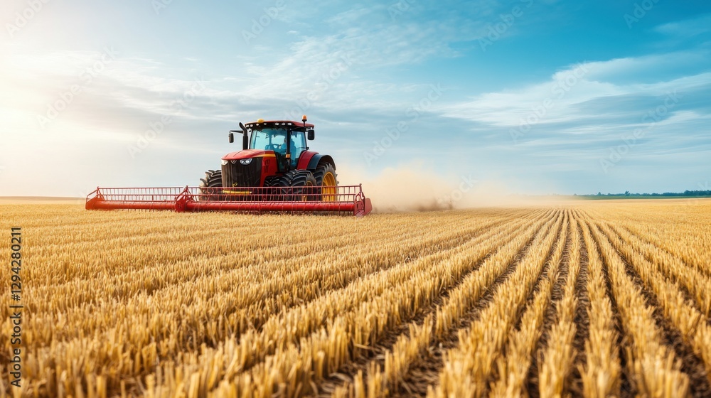 Fototapeta premium Modern Tractor Harvesting Wheat in a Golden Field Under a Bright Blue Sky with Fluffy Clouds