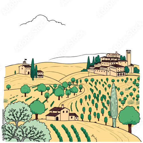 Italian landscape set, vector hand drawn doodle Tuscany nature view, old winery countryside print. Vintage European architecture graphic, cypress hill travel label. Italian landscape sketch collection