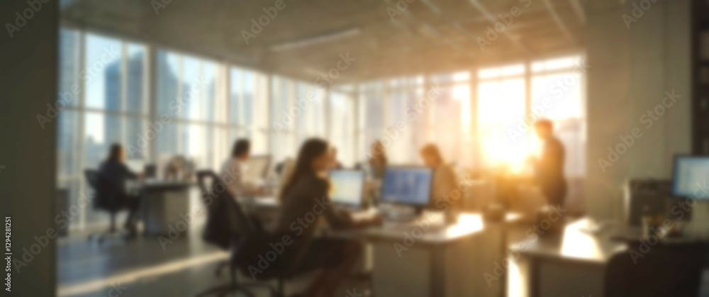 Obraz premium Blurred background focusing on a lively office atmosphere with people engaged in various tasks