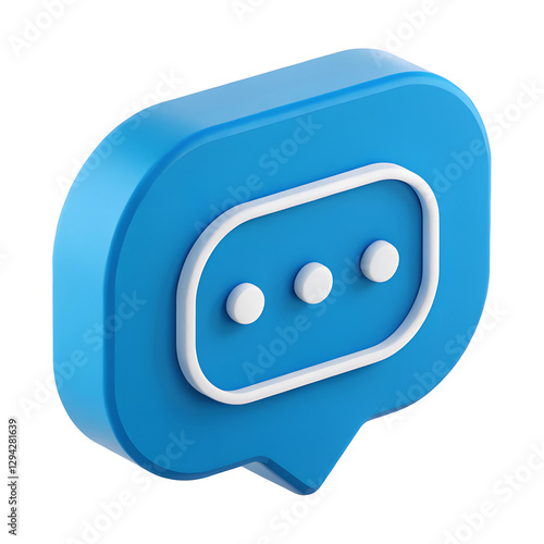 Blue speech bubble with three dots suggesting someone is typing a message, isolated on white background. Minimal 3D icon render.