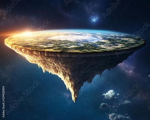 A flat earth floating in space with a vibrant sunset