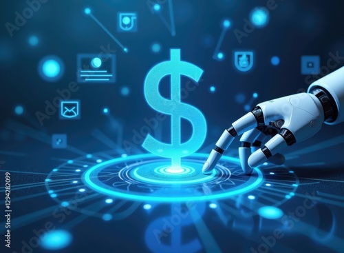 Robot hand holding glowing dollar sign on blue background. Artificial intelligence and machine learning concept.