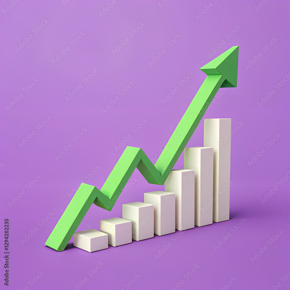 Rising trend: A vibrant green arrow ascends alongside increasing columns, symbolizing growth and progress. Minimal 3D icon render. Rising trend: A vibrant green arrow ascends alongside increasing columns, symbolizing growth and progress. Minimal 3D icon render.