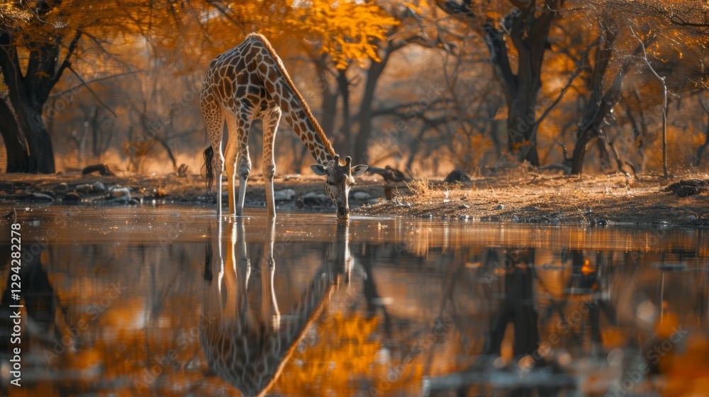 Fototapeta premium A tall giraffe bends down to drink from a calm water source, surrounded by trees adorned in rich autumn colors of orange and yellow, creating a serene atmosphere.