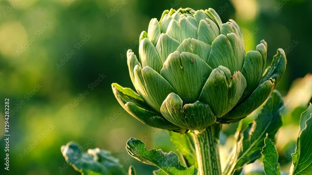 Freshly harvested artichoke in a lush garden during golden hour showcasing vibrant green colors and natural beauty Freshly harvested artichoke in a lush garden during golden hour showcasing vibrant green colors and natural beauty
