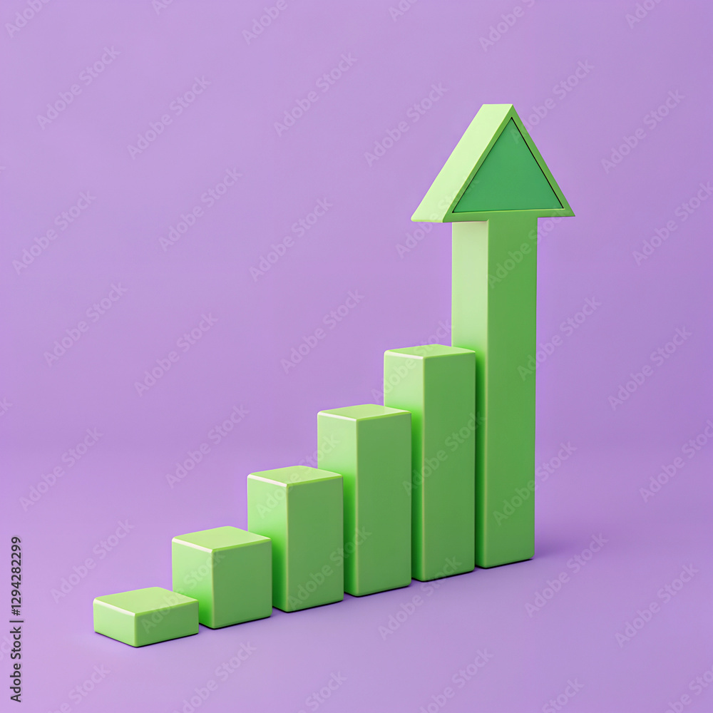 Green growth chart showing an upward trend on a purple background, symbolizing success and positive progress. Minimal 3D icon render.