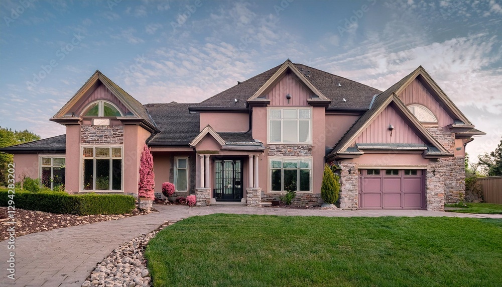 visualization of a home with blush pink accents traditional design dark cobblestone and ash details vast windows snow white roof trim a paver block driveway and a lush green front lawn visualization of a home with blush pink accents traditional design dark cobblestone and ash details vast windows snow white roof trim a paver block driveway and a lush green front lawn