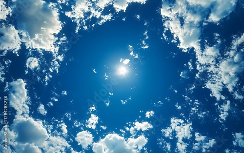 Sunny sky with puffy clouds, looking up.  Possible stock use image of beautiful daytime sky