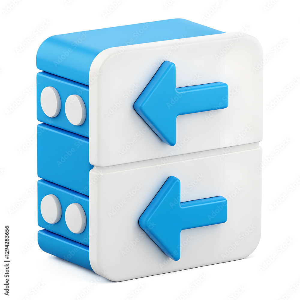 A 3D icon of data storage with arrows pointing left, in shades of blue and white, standing on a white background. Minimal 3D icon render. A 3D icon of data storage with arrows pointing left, in shades of blue and white, standing on a white background. Minimal 3D icon render.