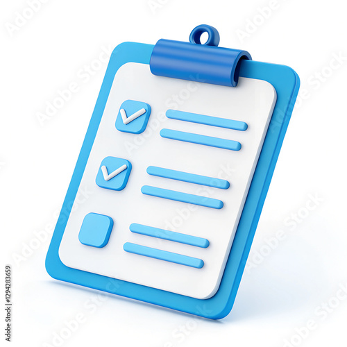 Checklist icon on a blue clipboard with marked items signifying task completion, indicating organization. Minimal 3D icon render.