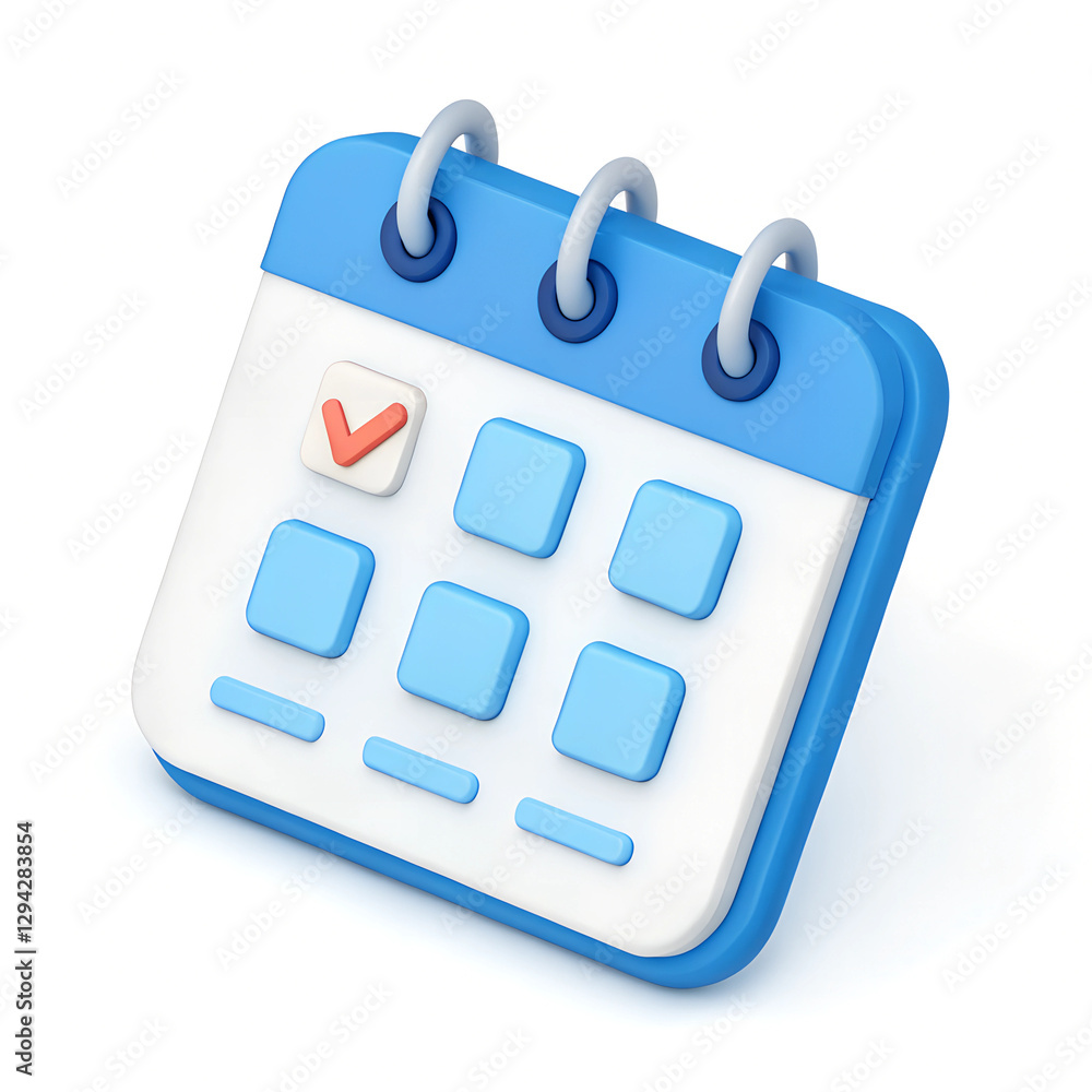 3D Stylized calendar icon with a red check mark on one of the days, representing scheduling or planning. Minimal 3D icon render. 3D Stylized calendar icon with a red check mark on one of the days, representing scheduling or planning. Minimal 3D icon render.