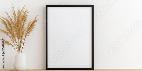 Minimalist decor featuring a black-framed blank art print paired with a vase of dried wheat. Perfect for showcasing artwork or photography.
