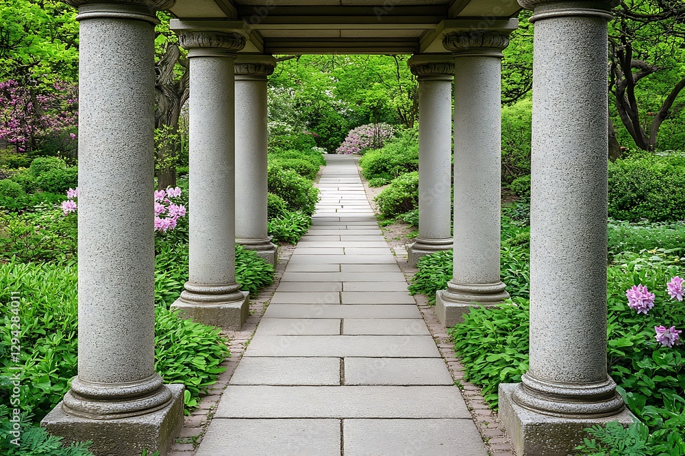 Fototapeta premium Garden path with pillars, spring park landscape usage