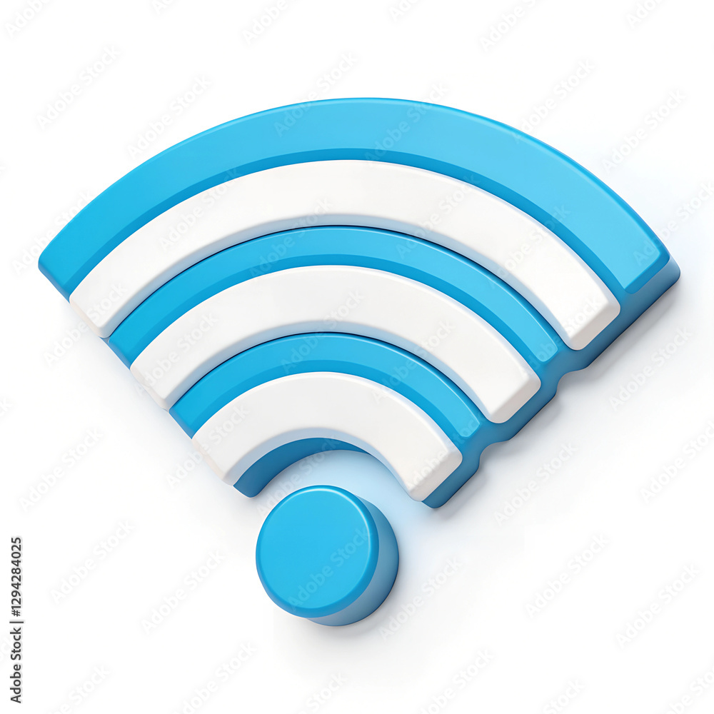 3D Wireless Connection Icon: Three white and blue bands emanating from a blue circle, on a white background. Minimal 3D icon render. 3D Wireless Connection Icon: Three white and blue bands emanating from a blue circle, on a white background. Minimal 3D icon render.
