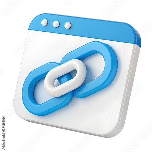 A stylized, 3D rendering of a link icon displayed on a white and blue web browser window interface. Minimal 3D icon render.