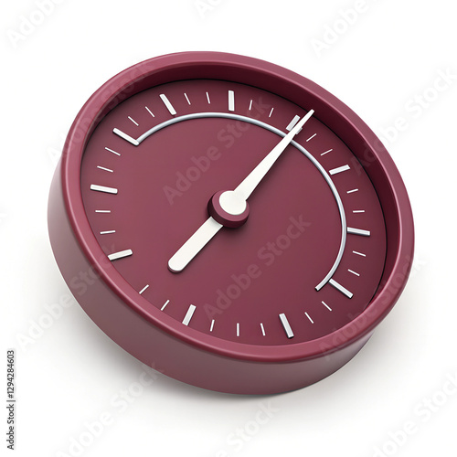 Analog Gauge: Close-up view of a maroon pressure gauge displaying an intermediate reading on a white background. Minimal 3D icon render.