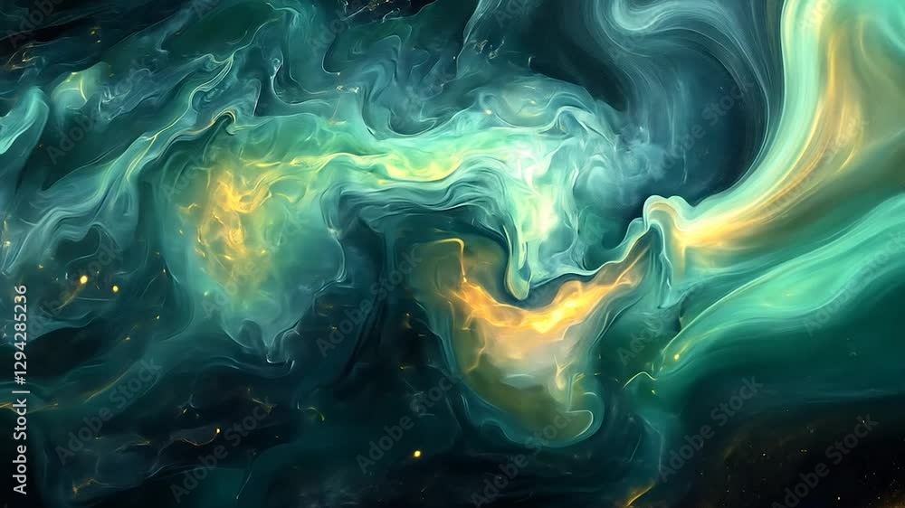 Abstract swirling colors of green and gold creating a cosmic atmosphere with depth Abstract swirling colors of green and gold creating a cosmic atmosphere with depth