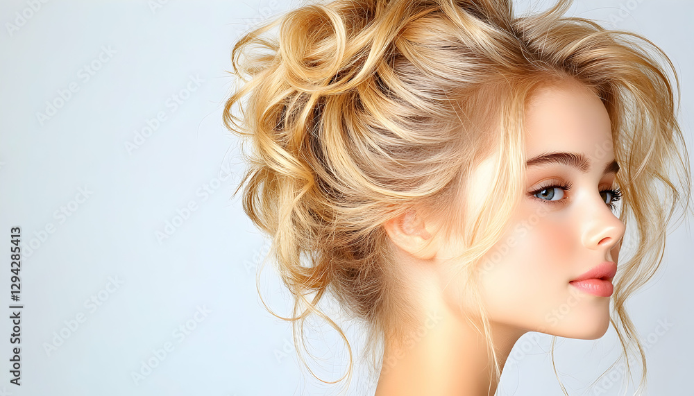 Blonde woman, profile view, elegant updo hairstyle, studio