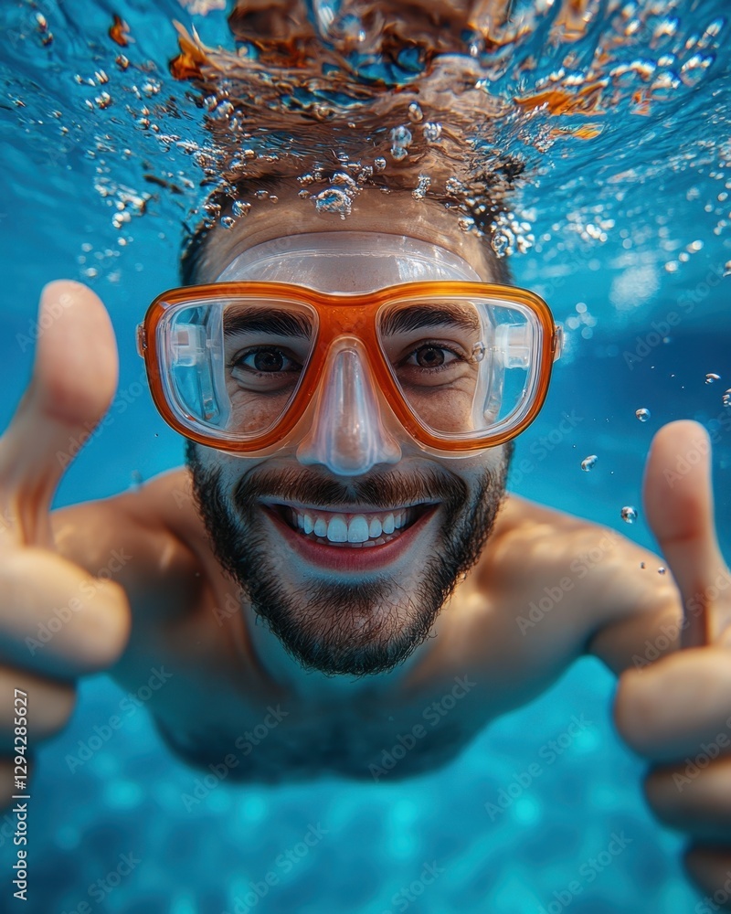 Naklejka premium Underwater Joyful Man with Snorkel Mask Giving Thumbs Up in Swimming Pool Capturing Summer Fun and Aquatic Adventure