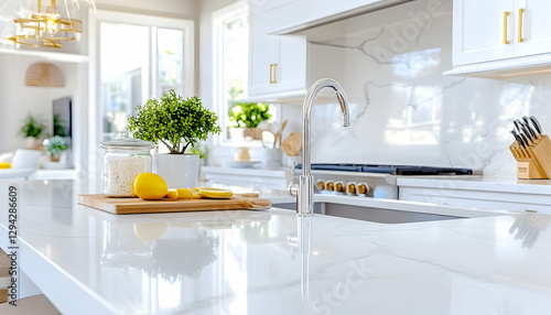 Bright kitchen island with lemons, modern design