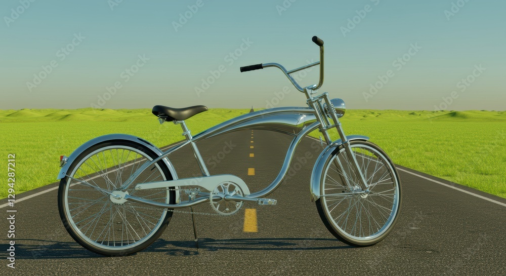 Fototapeta premium Vintage cruiser bicycle on empty road surrounded by green fields under clear blue sky