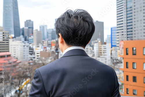 Businessman Contemplating Cityscape from Rooftop